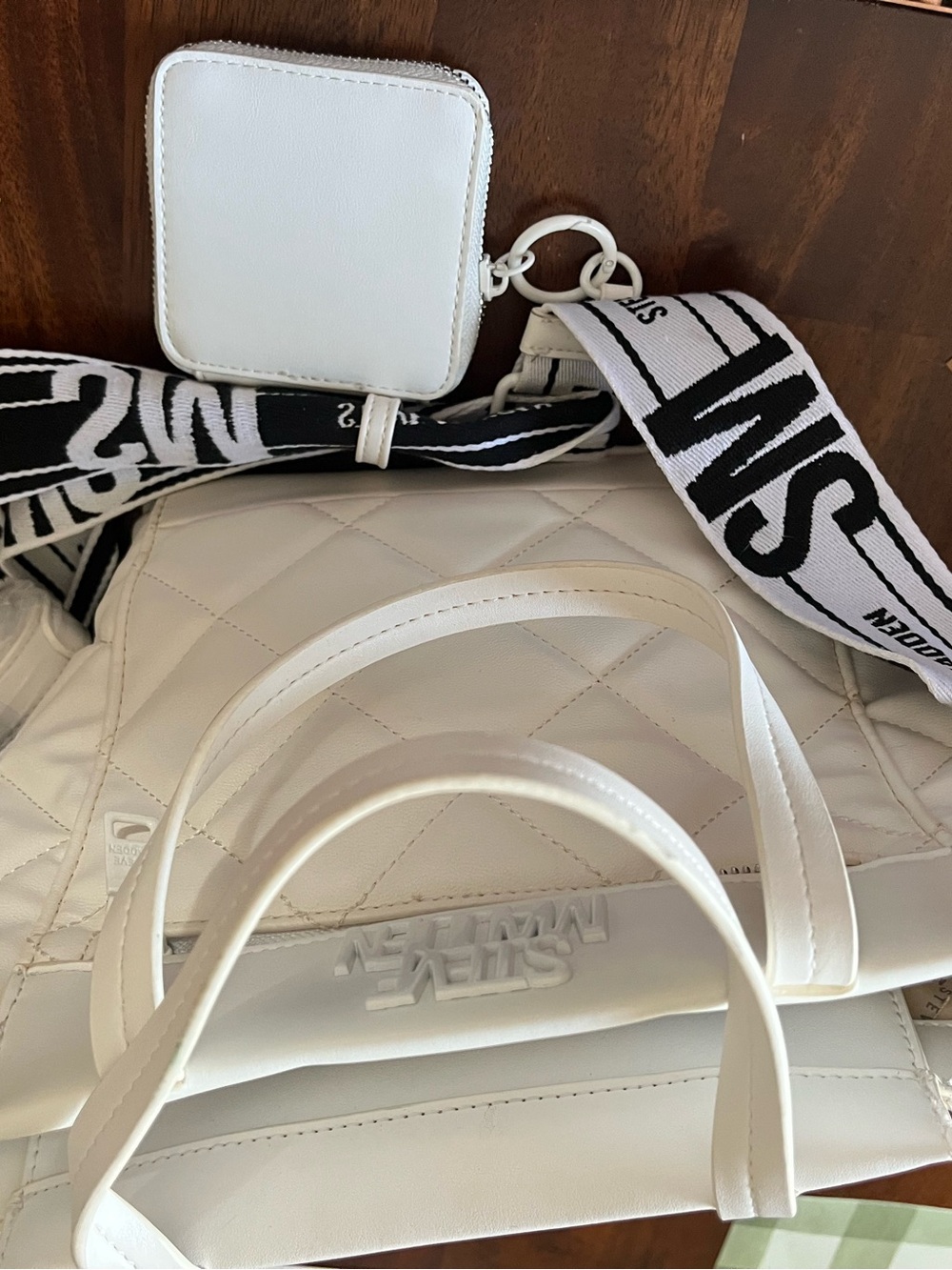 Steve Madden White Quilted Women's Tote Bag with Removable Logo Strap